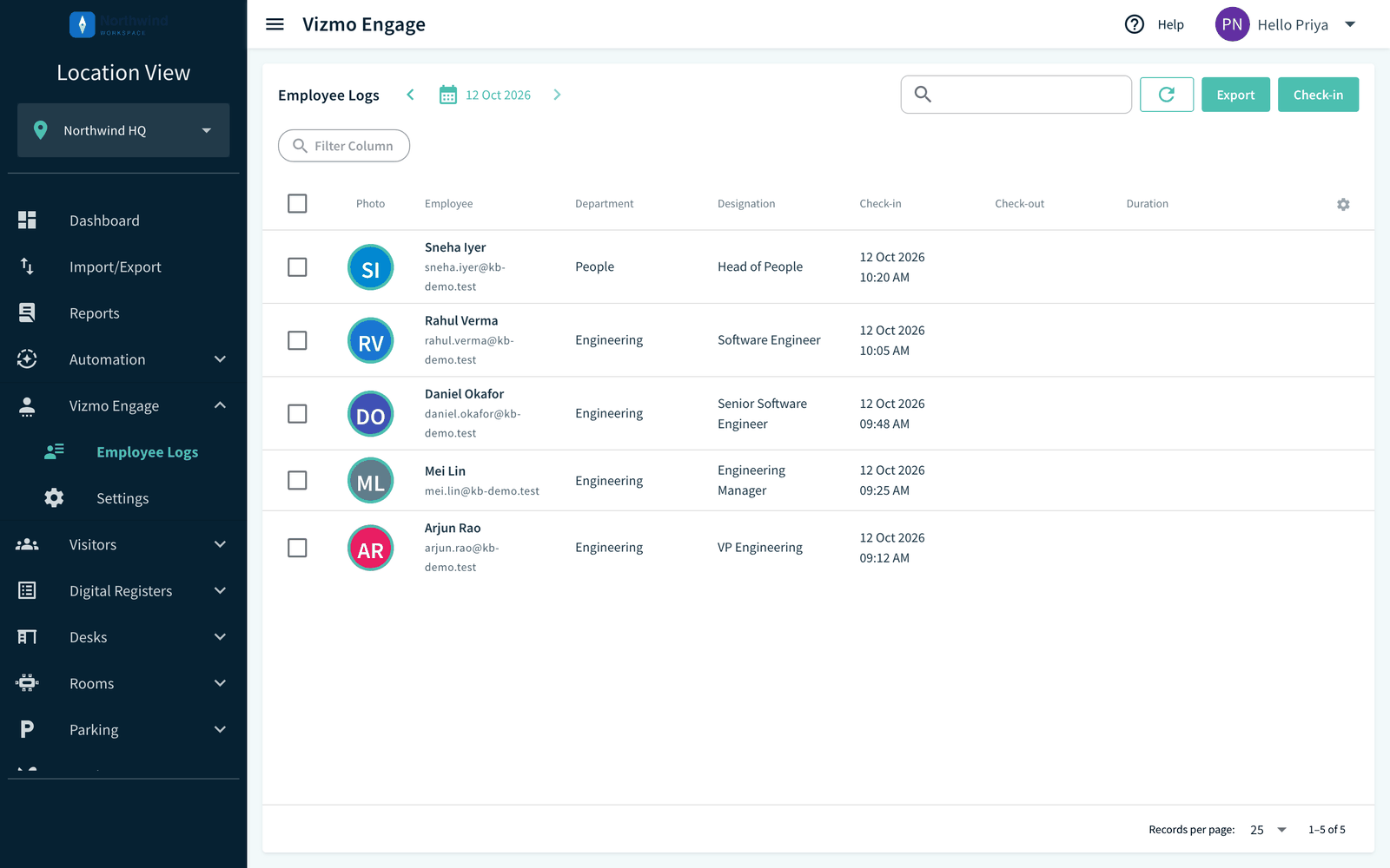 Employee Logs table with date selector, Check-in and Export buttons