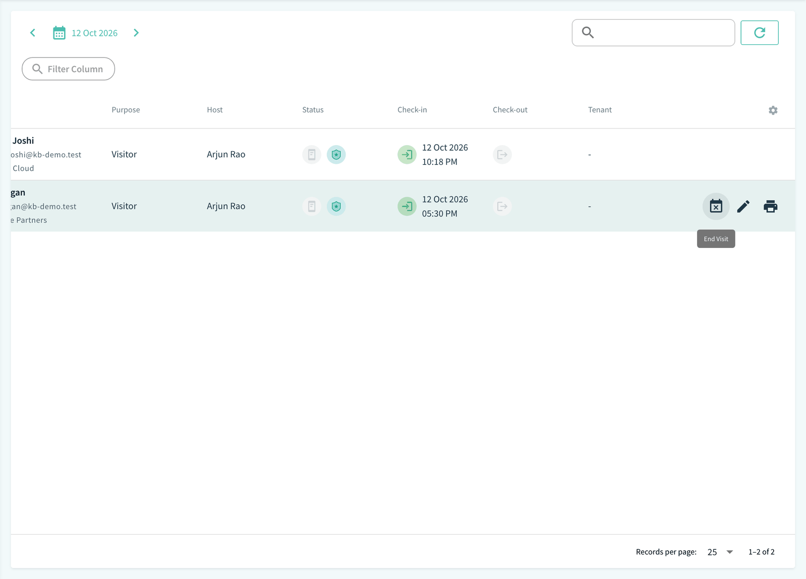 Employee portal Visitor Log row showing the End Visit icon