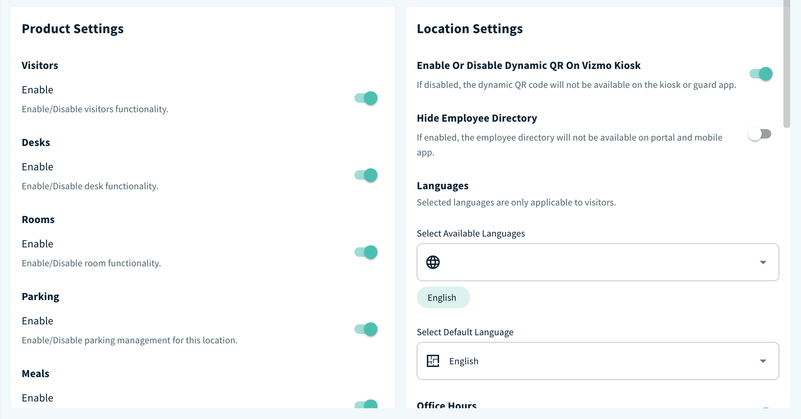 Location page, Location Settings card with the Enable Or Disable Dynamic QR On Vizmo Kiosk toggle