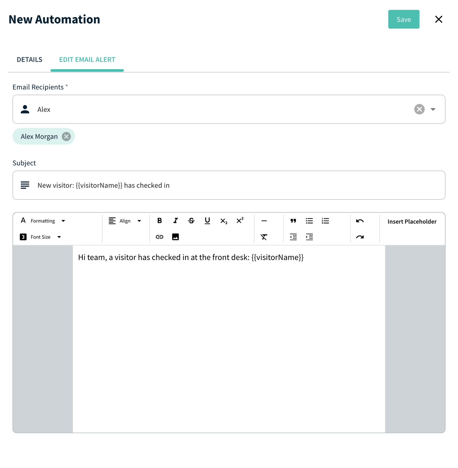 Edit Email Alert tab with Insert Placeholder