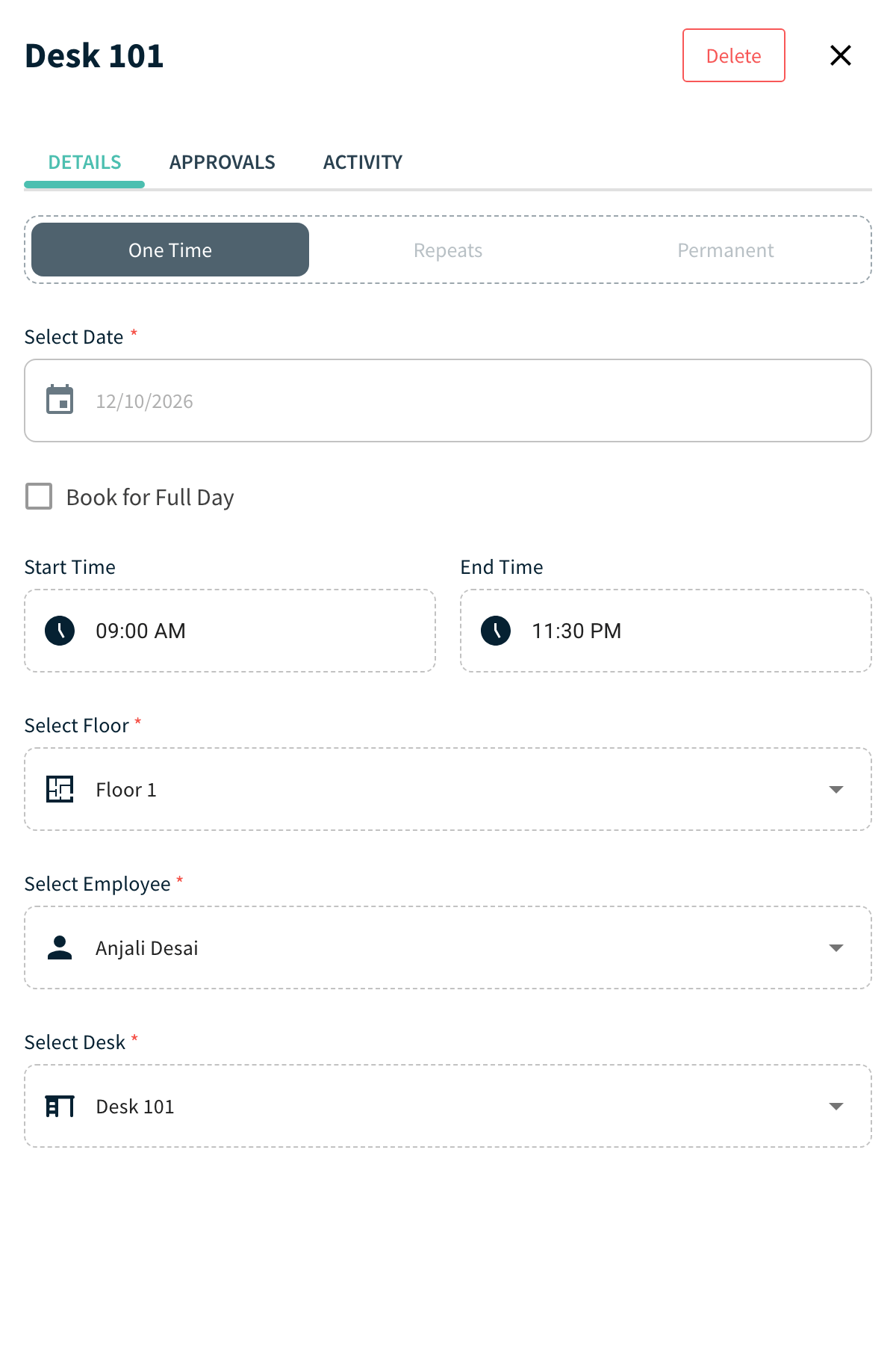 Booking panel with the Details, Approvals and Activity tabs