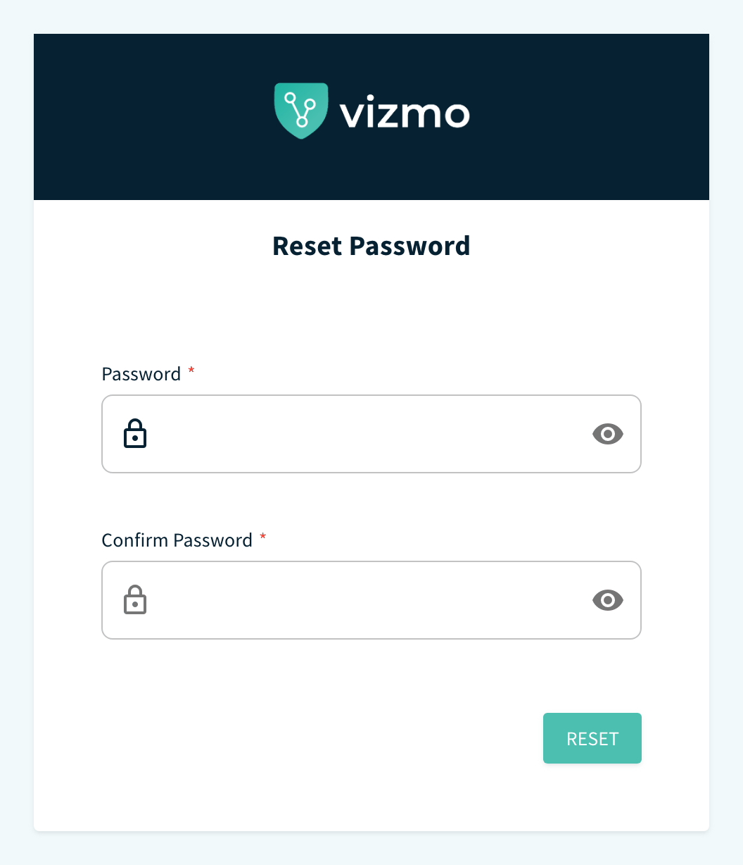Password reset page, New Password, Confirm Password and Reset