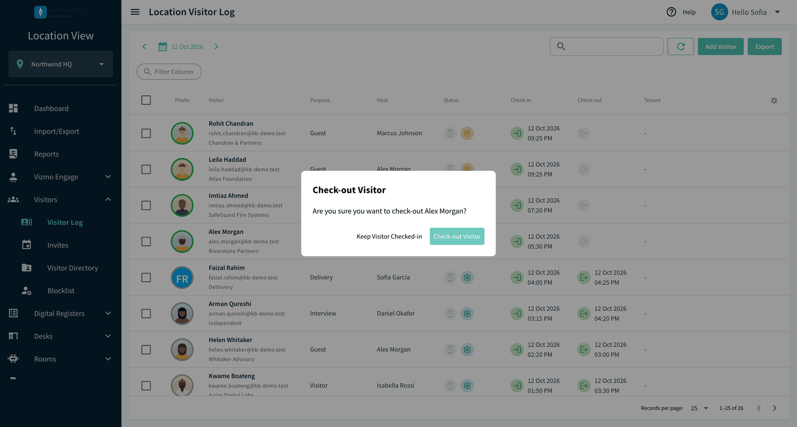 Check-out Visitor dialog with Check-out Visitor and Keep Visitor Checked-in