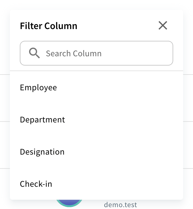 Employee Logs Filter Column menu