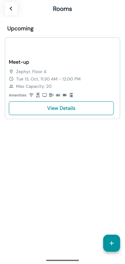 Vizmo Pass Rooms screen listing upcoming room bookings