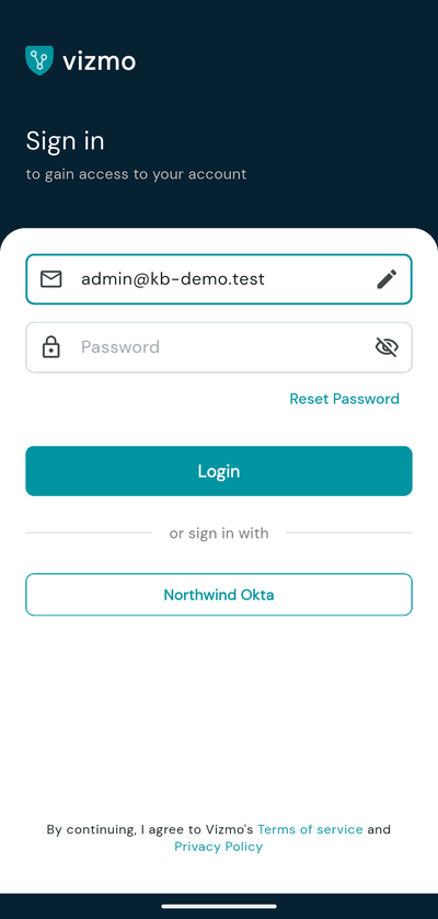 Vizmo Pass sign-in screen with the SSO provider button under or sign in with