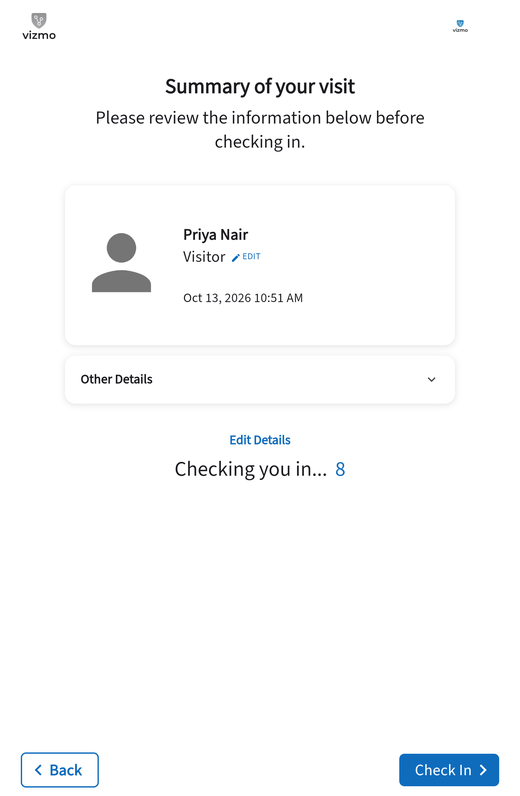 Summary of your visit screen with Edit Details and Check In