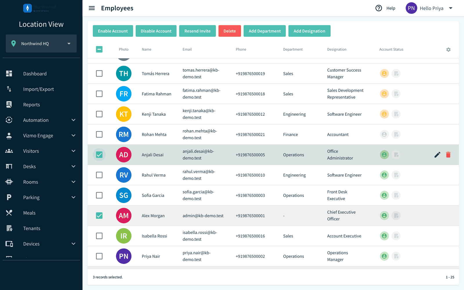 Employees table with several rows selected and the bulk-action buttons