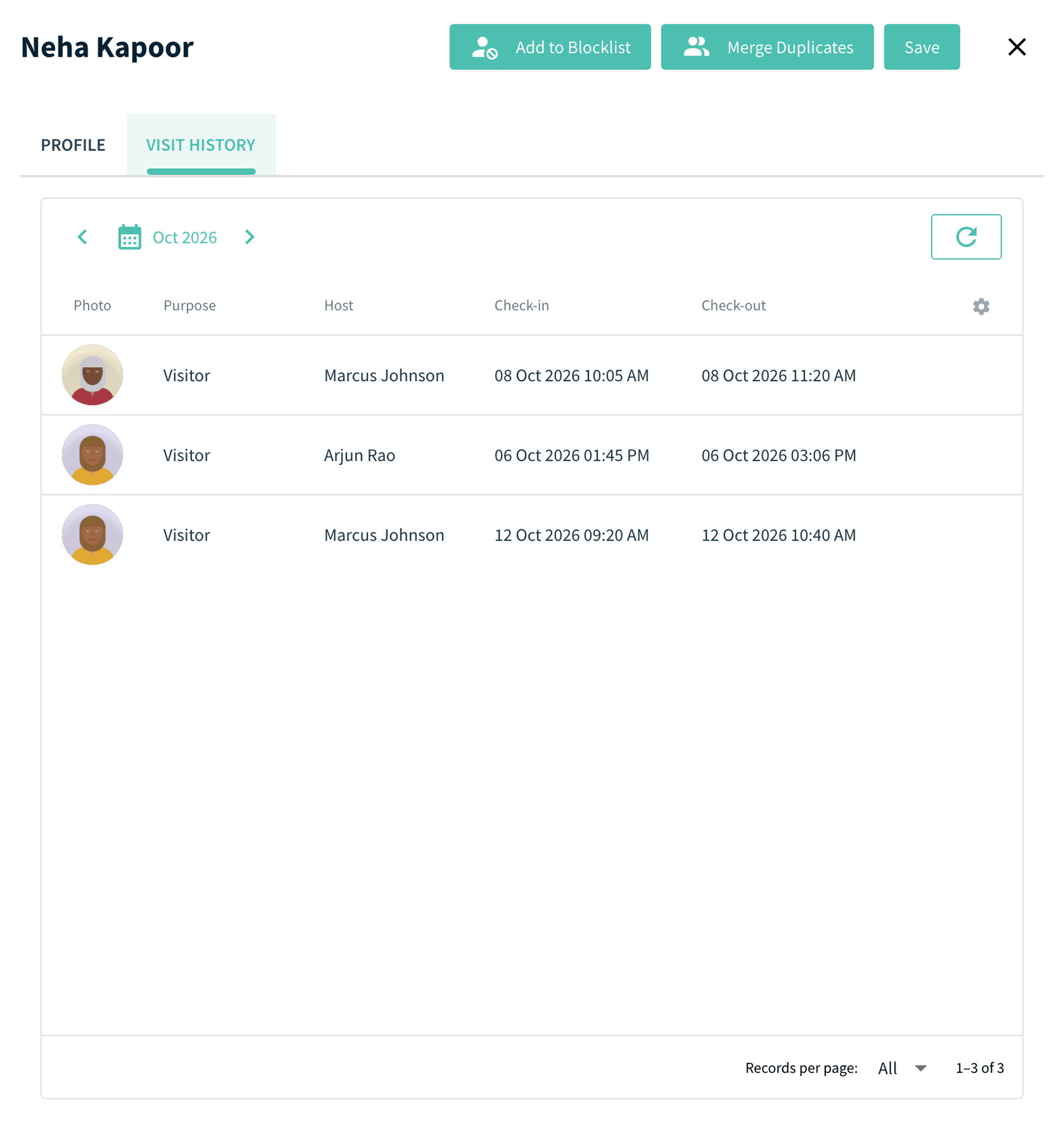 Visitor profile drawer, Visit History tab