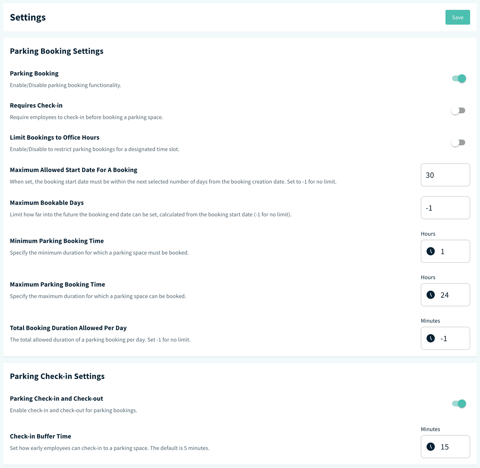Parking Settings page with the Settings header, Parking Booking and Parking Check-in cards
