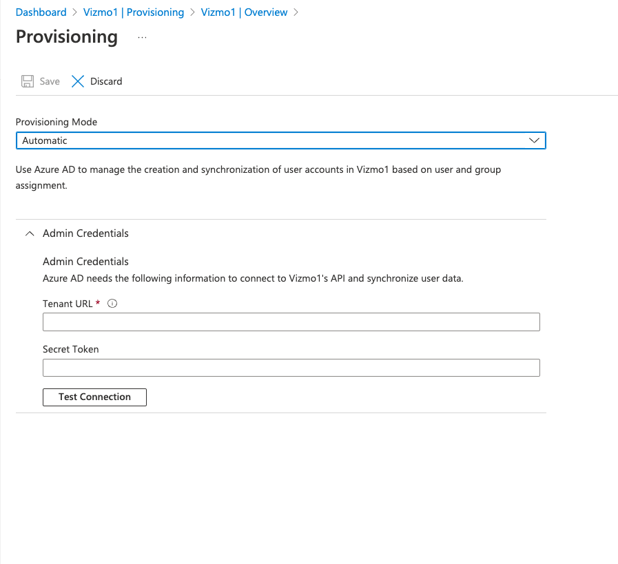 Entra Provisioning, Admin Credentials with Tenant URL, Secret Token and Test Connection