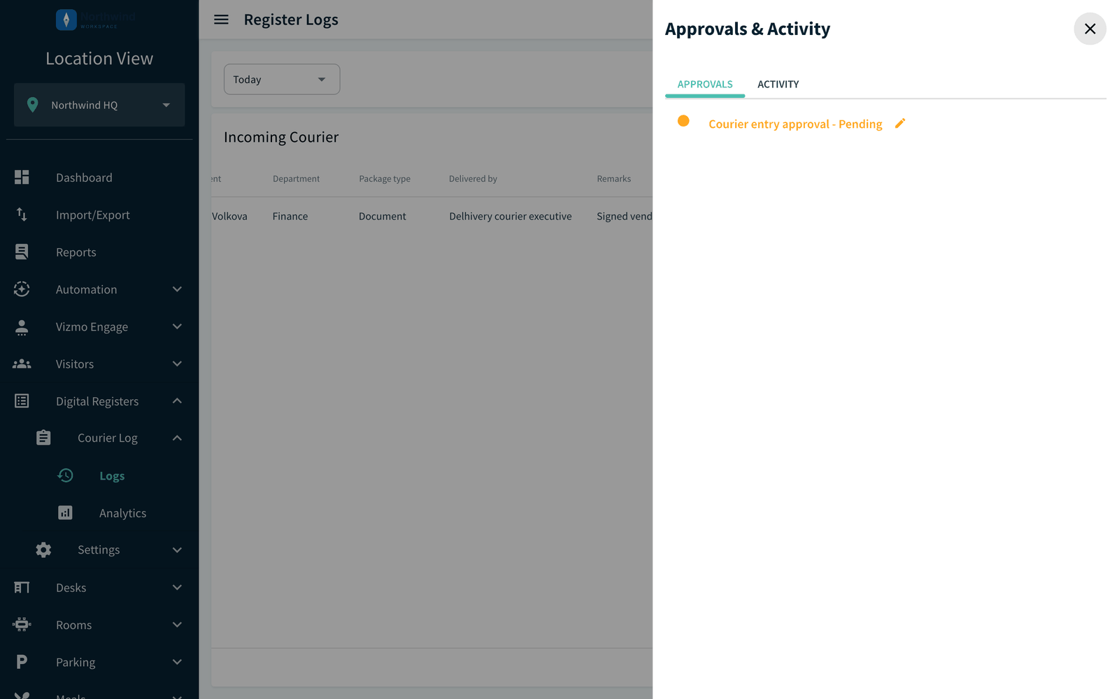 Register Logs row with the Approvals & Activity icon and the Approvals tab