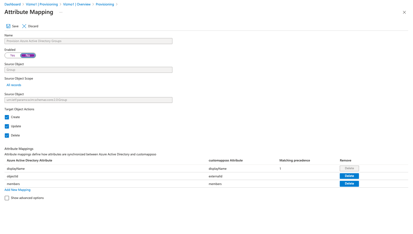 Entra group provisioning mapping with Enabled set to No