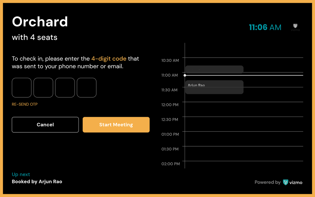 Room Display asking for the 4-digit code, with RE-SEND OTP and Start Meeting