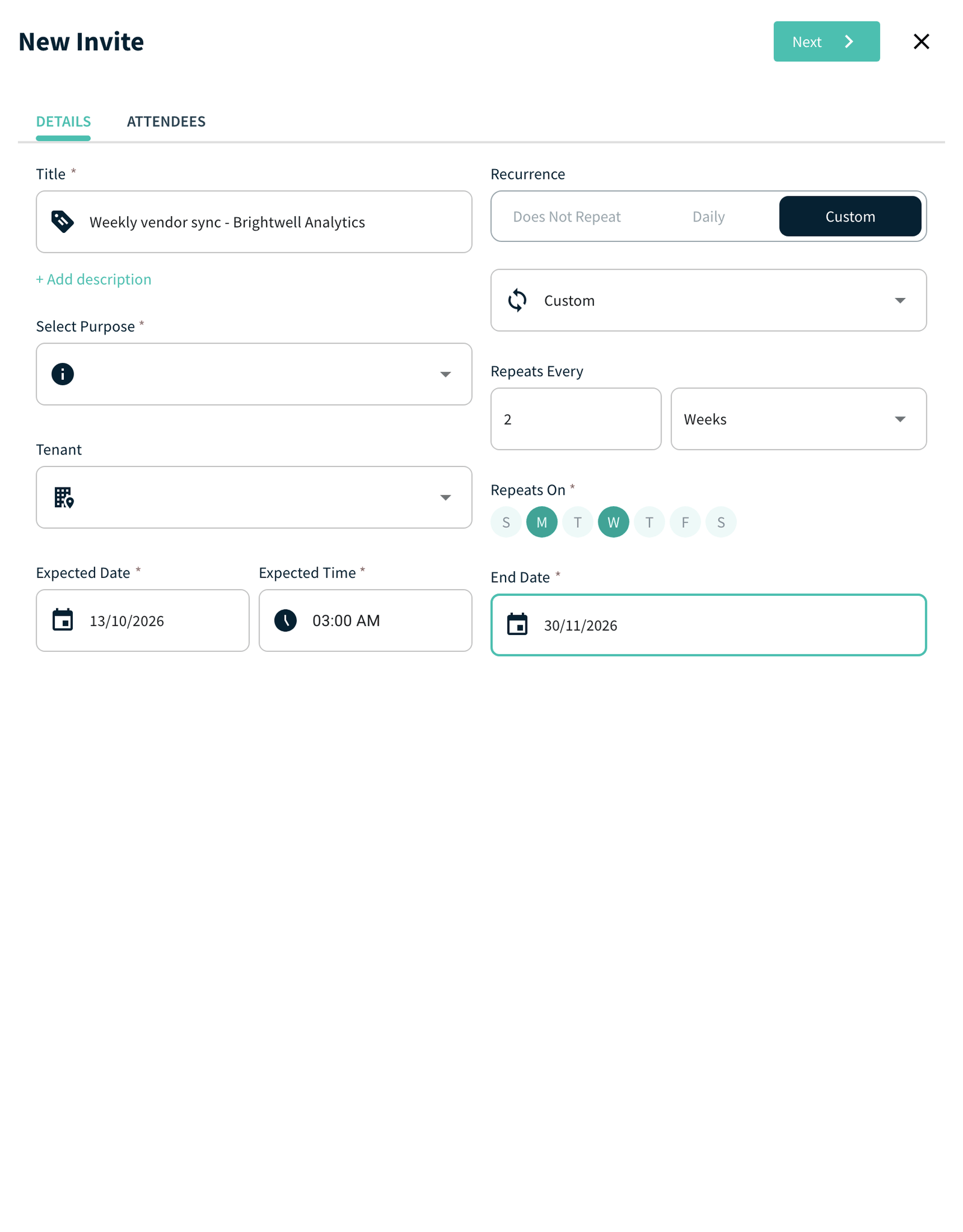 New Invite panel, Recurrence section with Repeats Every, Repeats On and End Date
