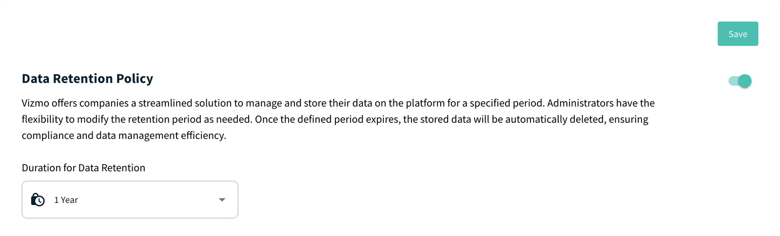 Privacy page with the Data Retention Policy toggle, Duration for Data Retention list and Save