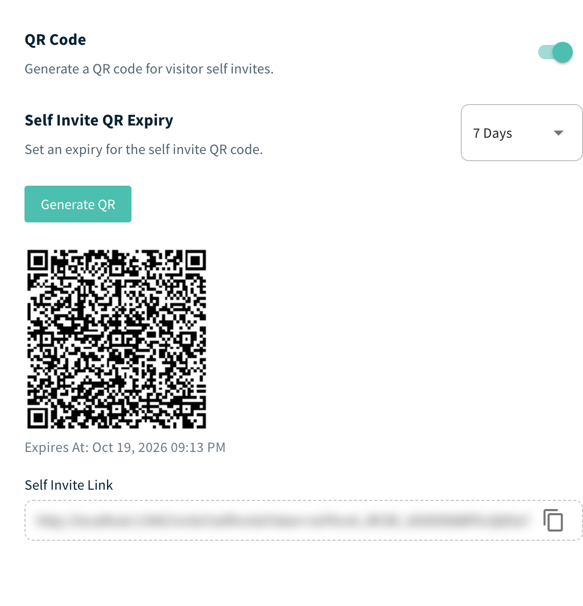 Self Invite QR code, expiry and link after Generate QR