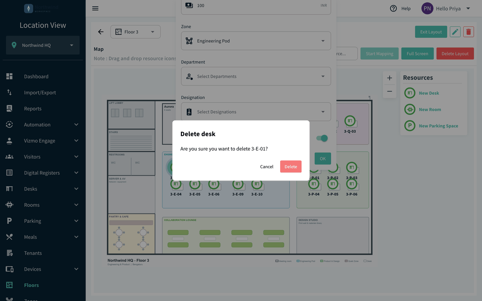 Desk details on the map with Delete, Cancel and OK buttons and the delete confirmation