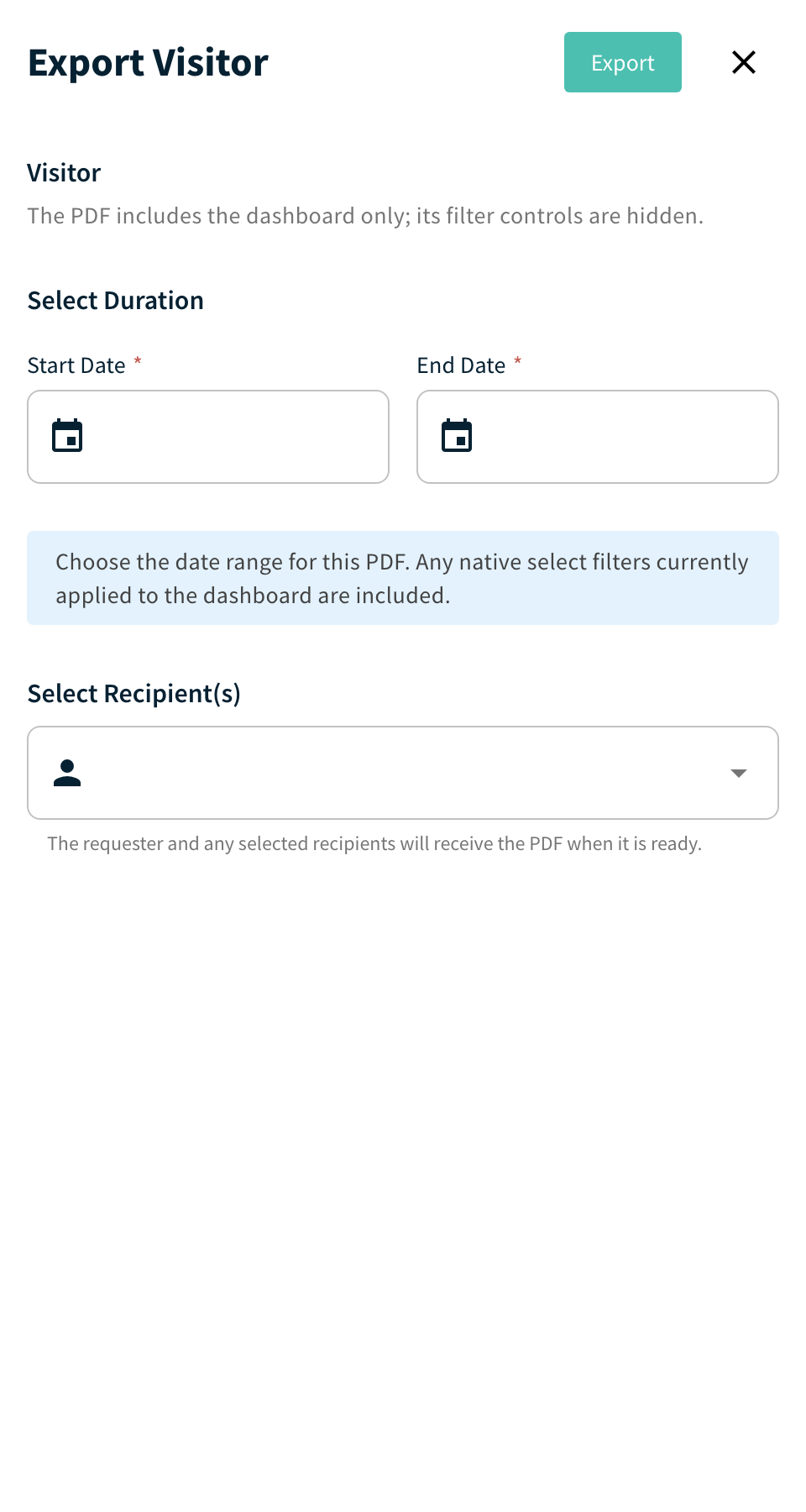 Export panel for an Analytics dashboard